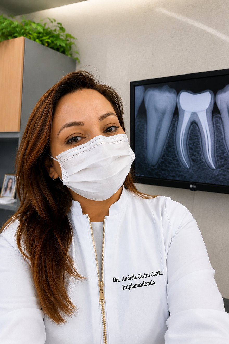 Dra. Andréia Castro Corrêa — Implantodontia, com radiografia de tratamento de canal ao fundo