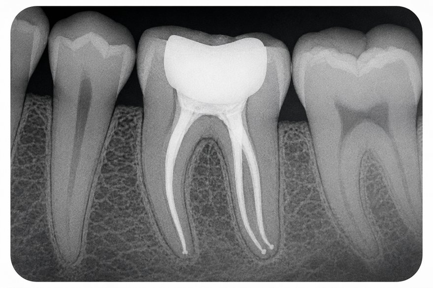 Radiografia de dente com tratamento de canal concluído