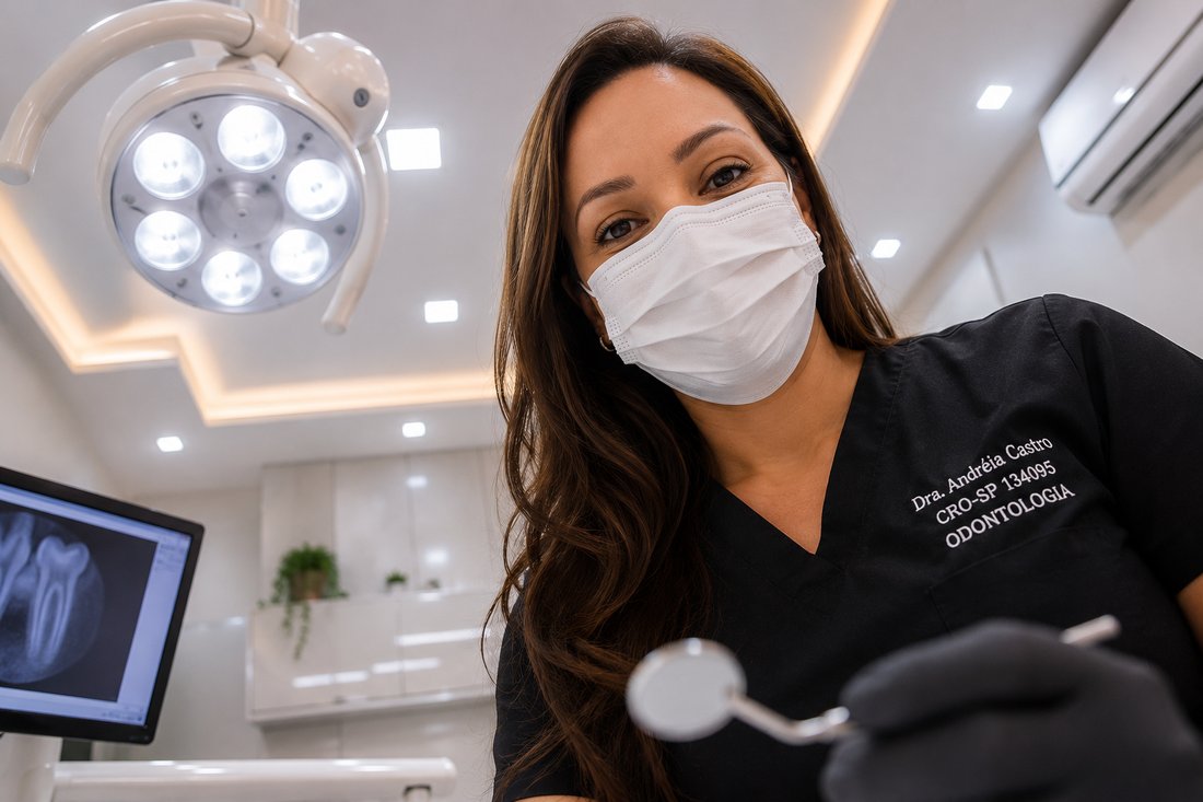 Dra. Andréia Castro pronta para o procedimento, com instrumental odontológico e radiografia dental ao lado