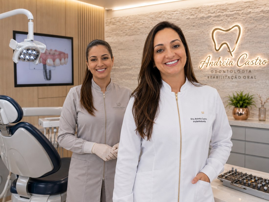 Equipe da clínica em ambiente moderno de reabilitação oral