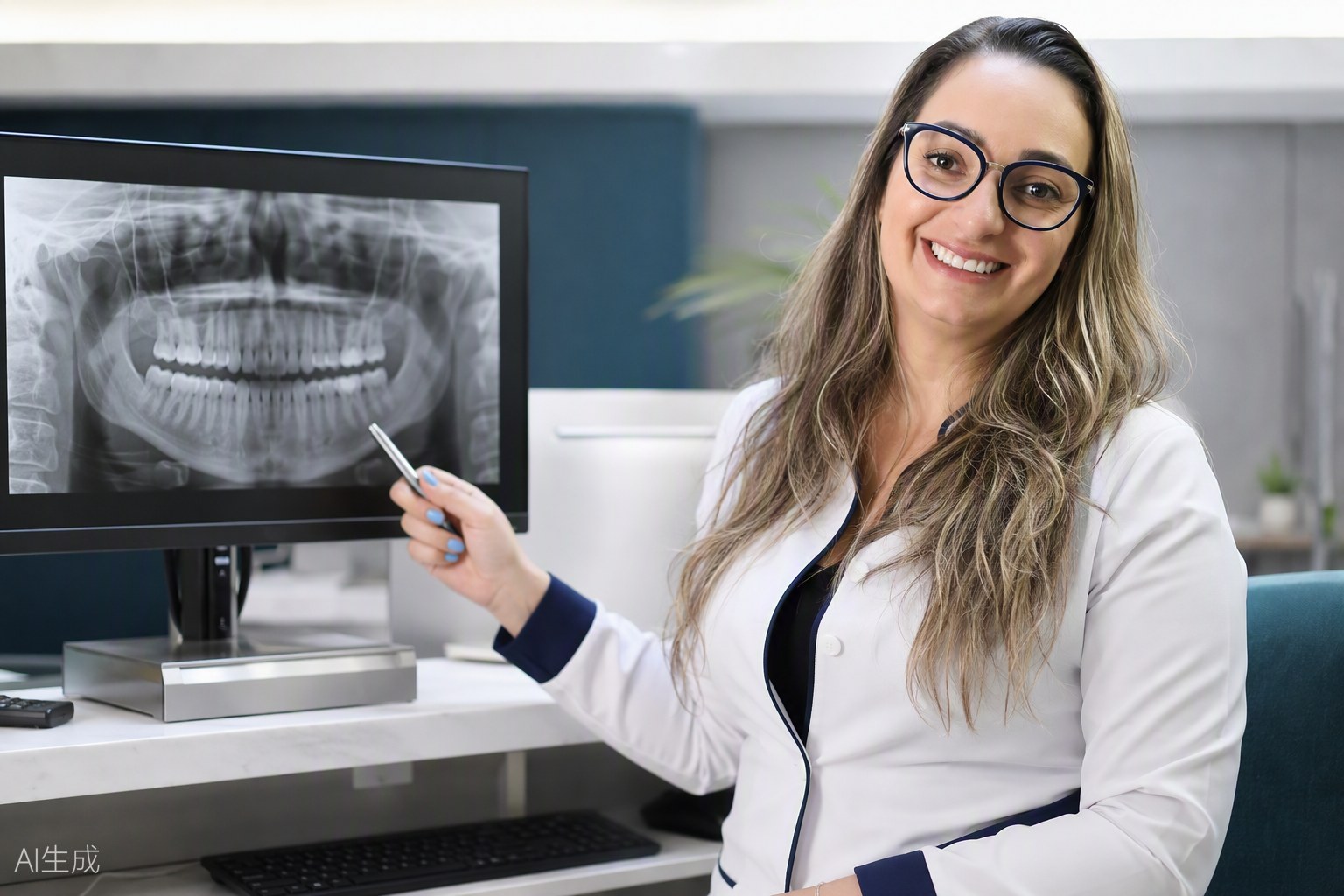 Dra. Andréia Castro apontando para radiografia panorâmica em monitor, explicando o procedimento