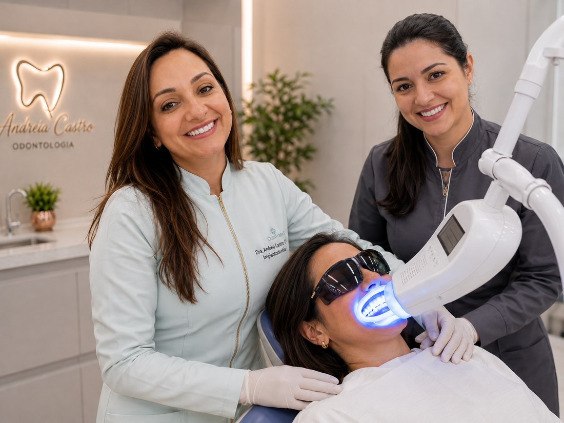Dra. Andréia Castro avaliando o sorriso da paciente antes do clareamento dental
