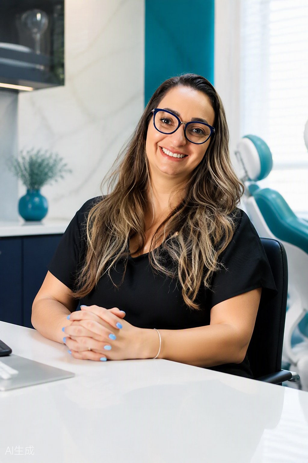 Retrato da Dra. Andréia Castro sentada à mesa do consultório