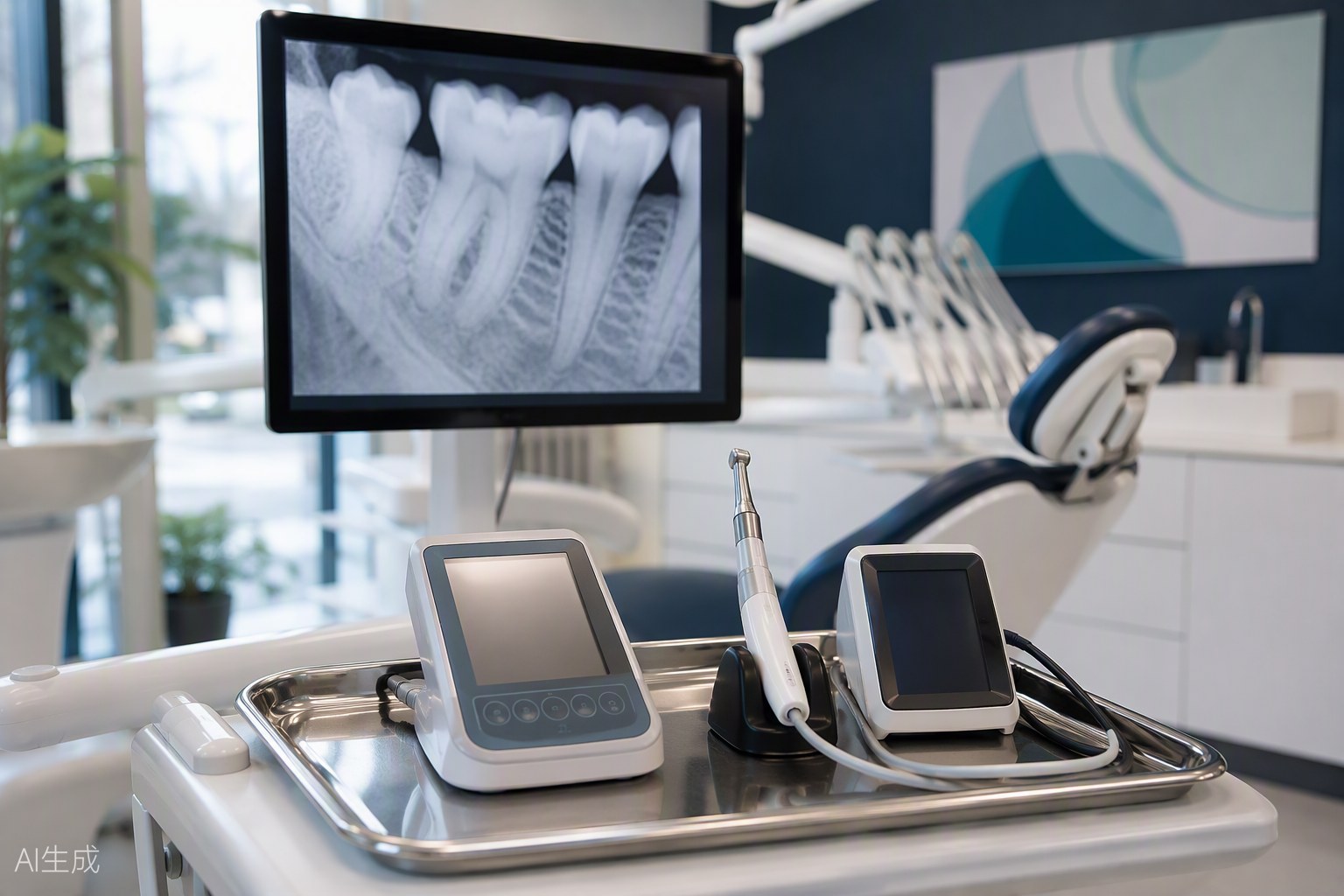Motor endodôntico e localizador apical sobre bandeja de aço inox, com radiografia periapical em monitor