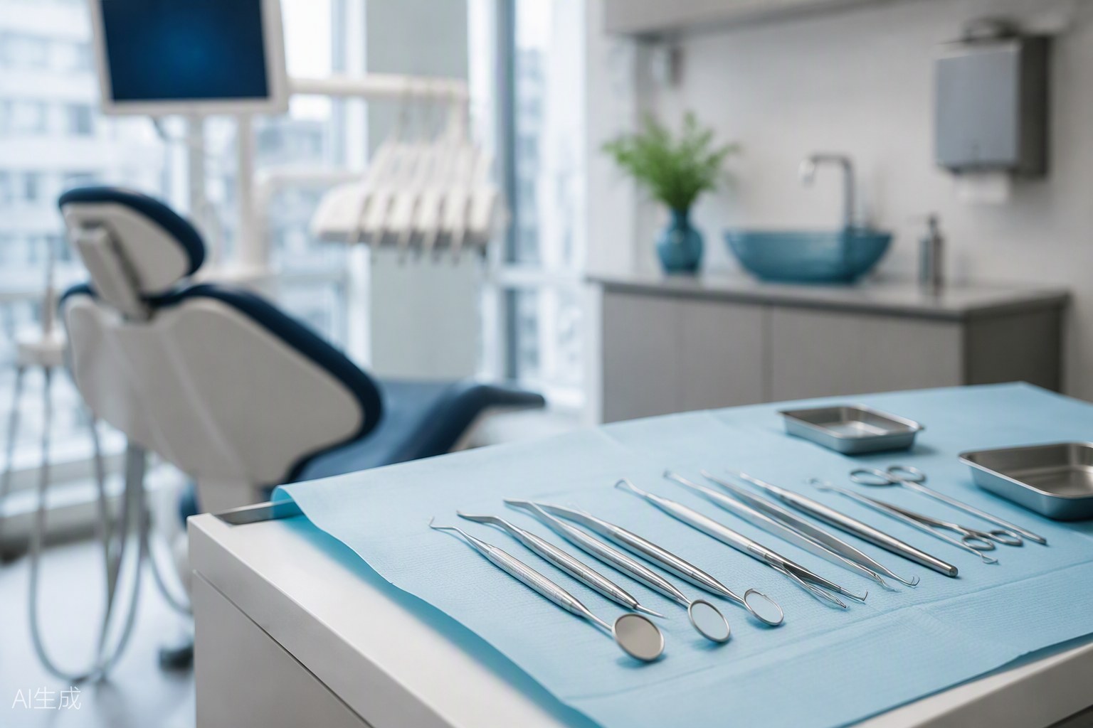 Bancada cirúrgica periodontal com campo estéril azul e instrumental microcirúrgico