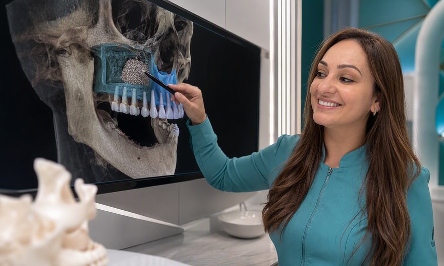 Dra. Andréia Castro explicando o enxerto ósseo na maxila superior apontando para exame de imagem na tela
