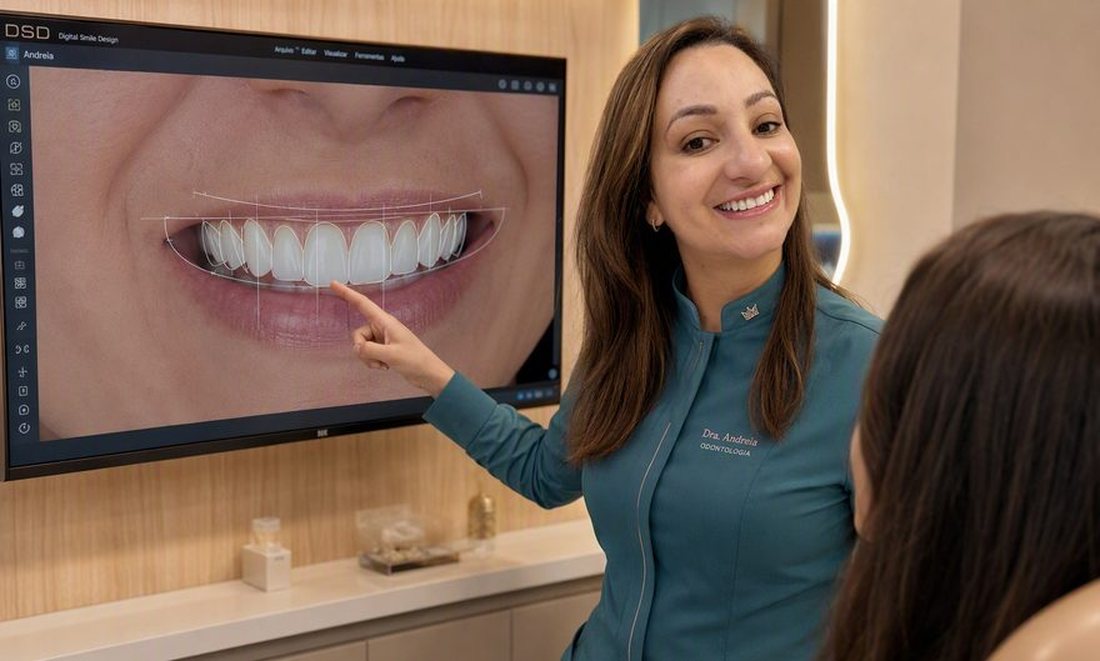 Dra. Andréia Castro apresentando o planejamento digital do sorriso (DSD) na tela para a paciente