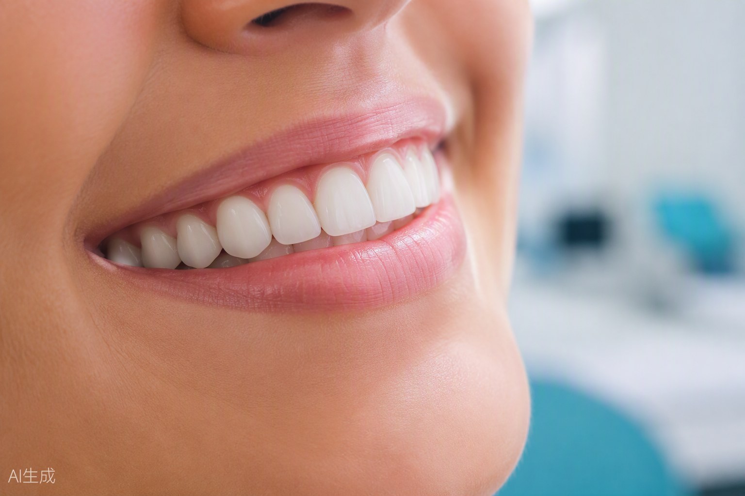 Sorriso feminino com dentes uniformes e naturais após facetas de resina
