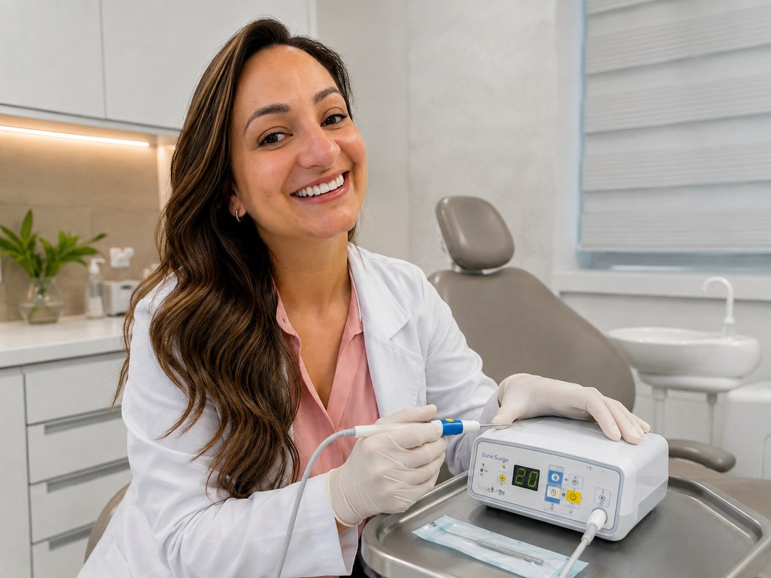 Dra. Andréia Castro segurando equipamento de bisturi elétrico odontológico