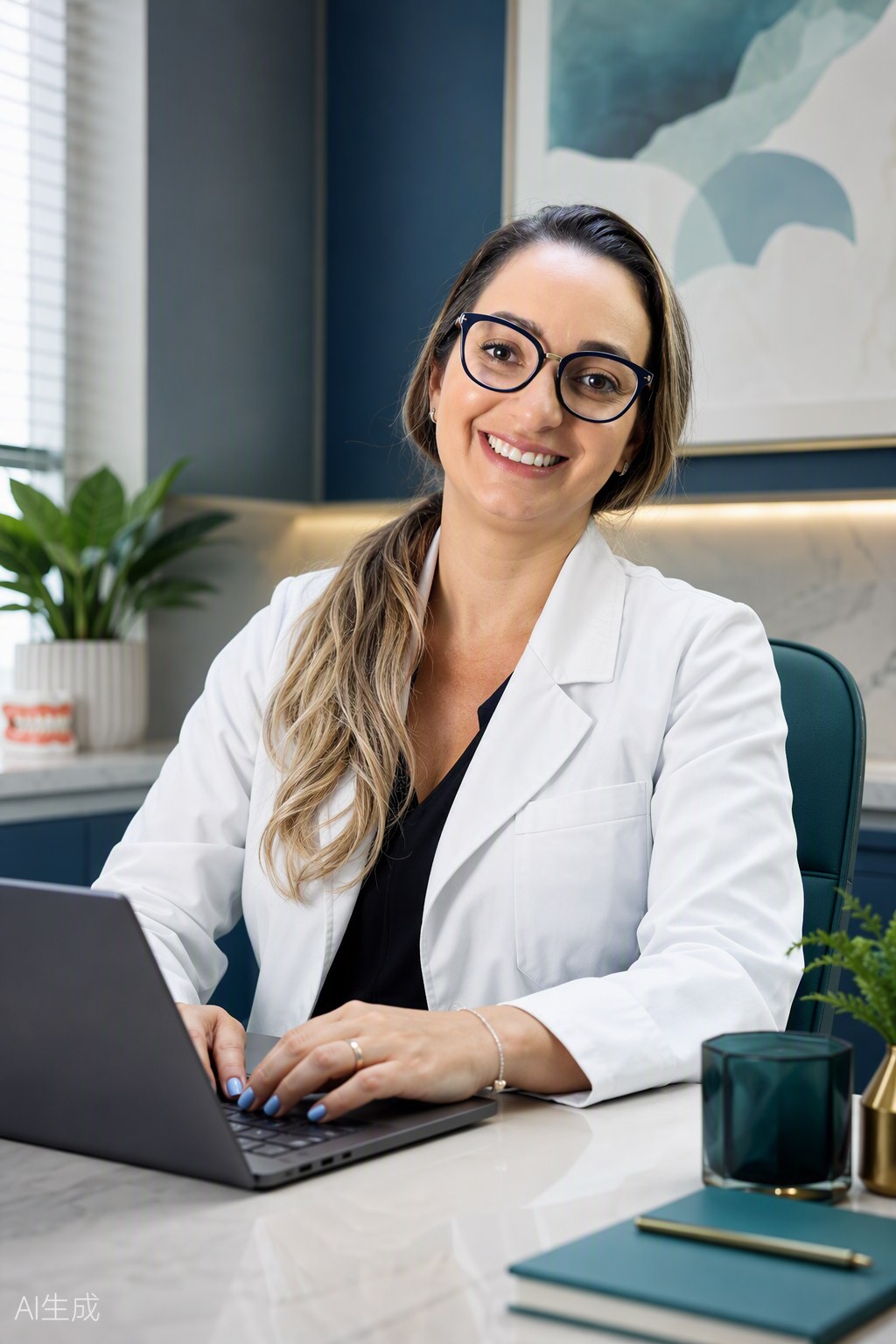 Retrato da Dra. Andréia Castro sentada à mesa do consultório, junto ao notebook