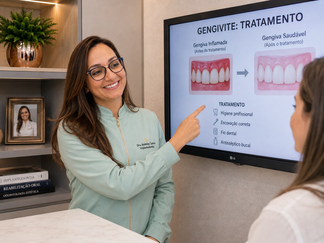 Comparação entre gengiva inflamada e gengiva saudável explicada em tela de consultório