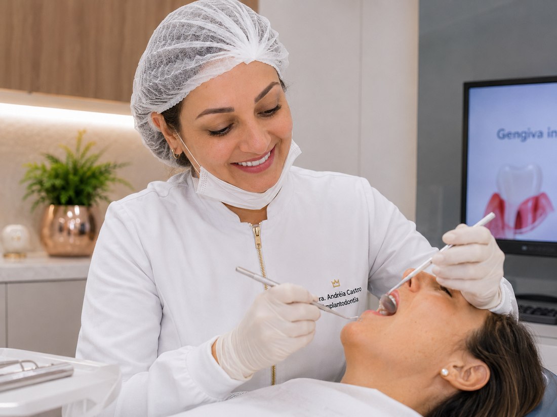 Dra. Andréia Castro em atendimento sobre cuidados gengivais