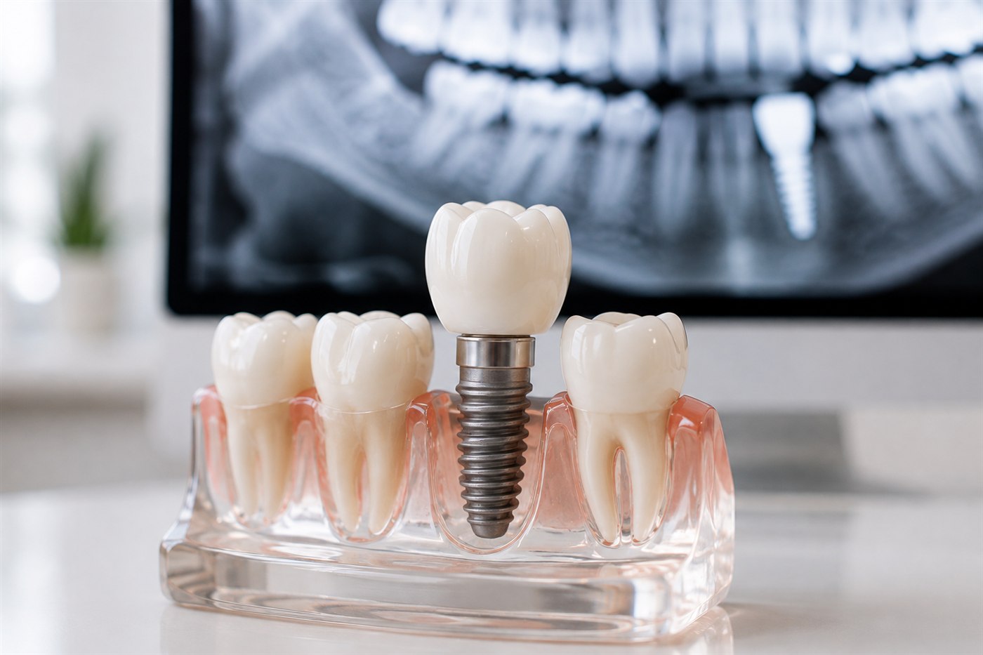 Sorriso natural e perfeito de paciente após implante dentário finalizado