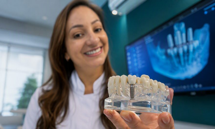 Dra. Andréia Castro explicando o modelo de implante dentário, com planejamento digital 3D ao fundo