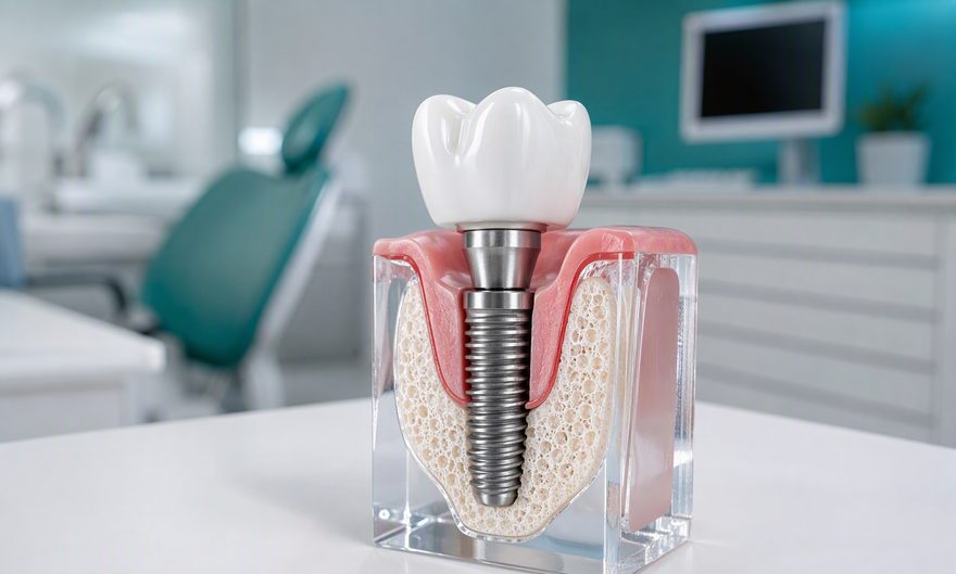 Modelo anatômico de implante dentário de titânio com coroa — Andréia Castro Odontologia