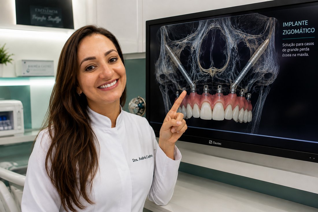 Dra. Andréia Castro apresentando planejamento 3D de Implante Zigomático na tela