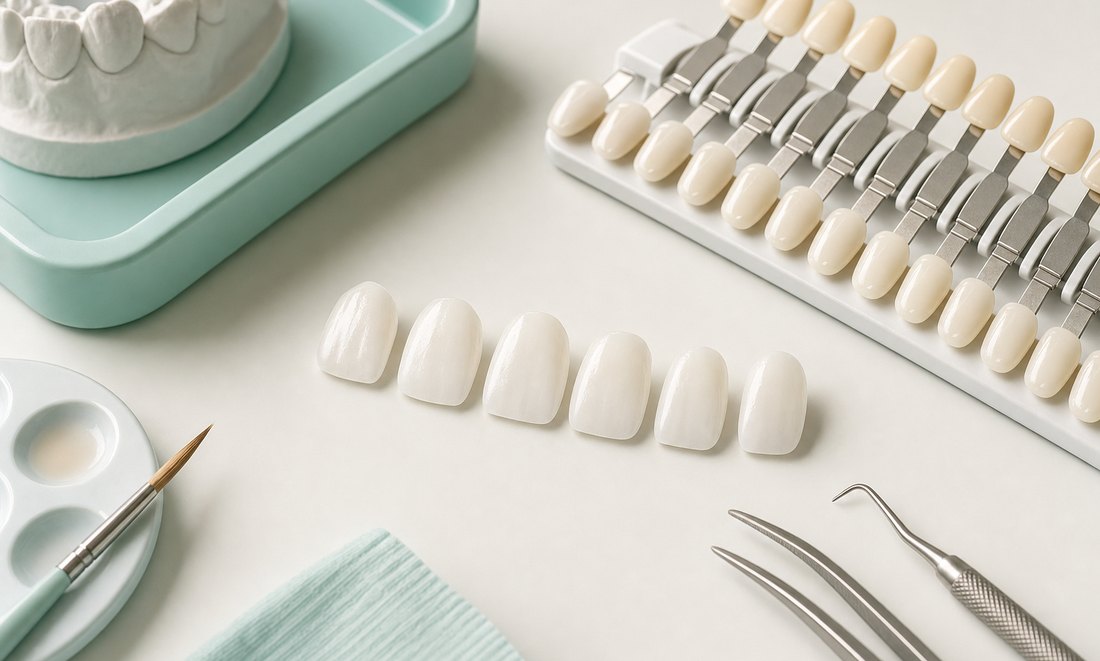 Lentes de contato dental em porcelana sobre bancada de laboratório, ao lado da escala de cor usada na escolha do tom