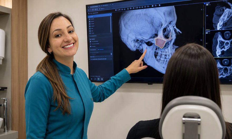 Dra. Andréia Castro apontando a região do seio maxilar na tomografia 3D para a paciente