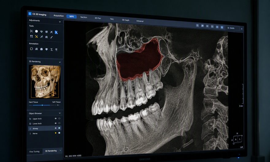 Tomografia 3D evidenciando a região do seio maxilar em tela de consultório