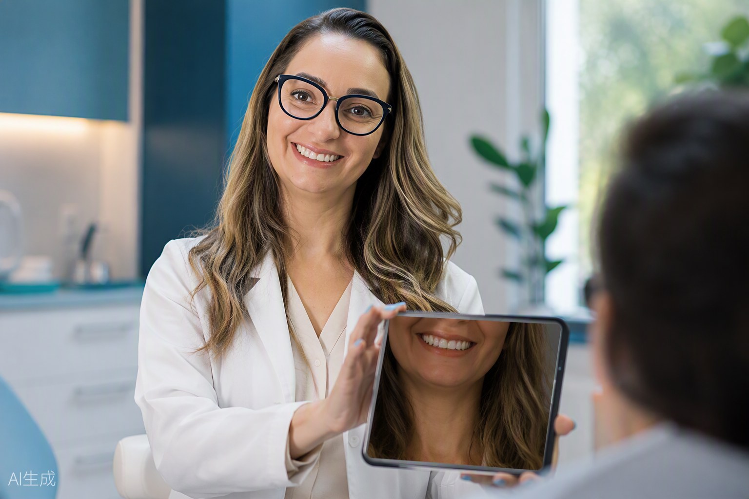 Dra. Andréia Castro mostrando simulação de sorriso em tablet para paciente