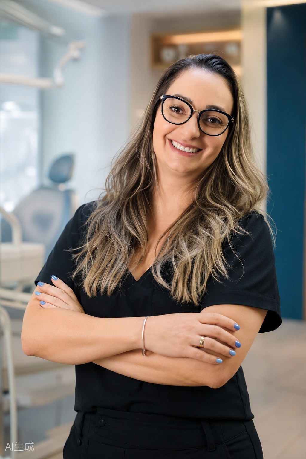Retrato da Dra. Andréia Castro em pé, braços cruzados, sorrindo