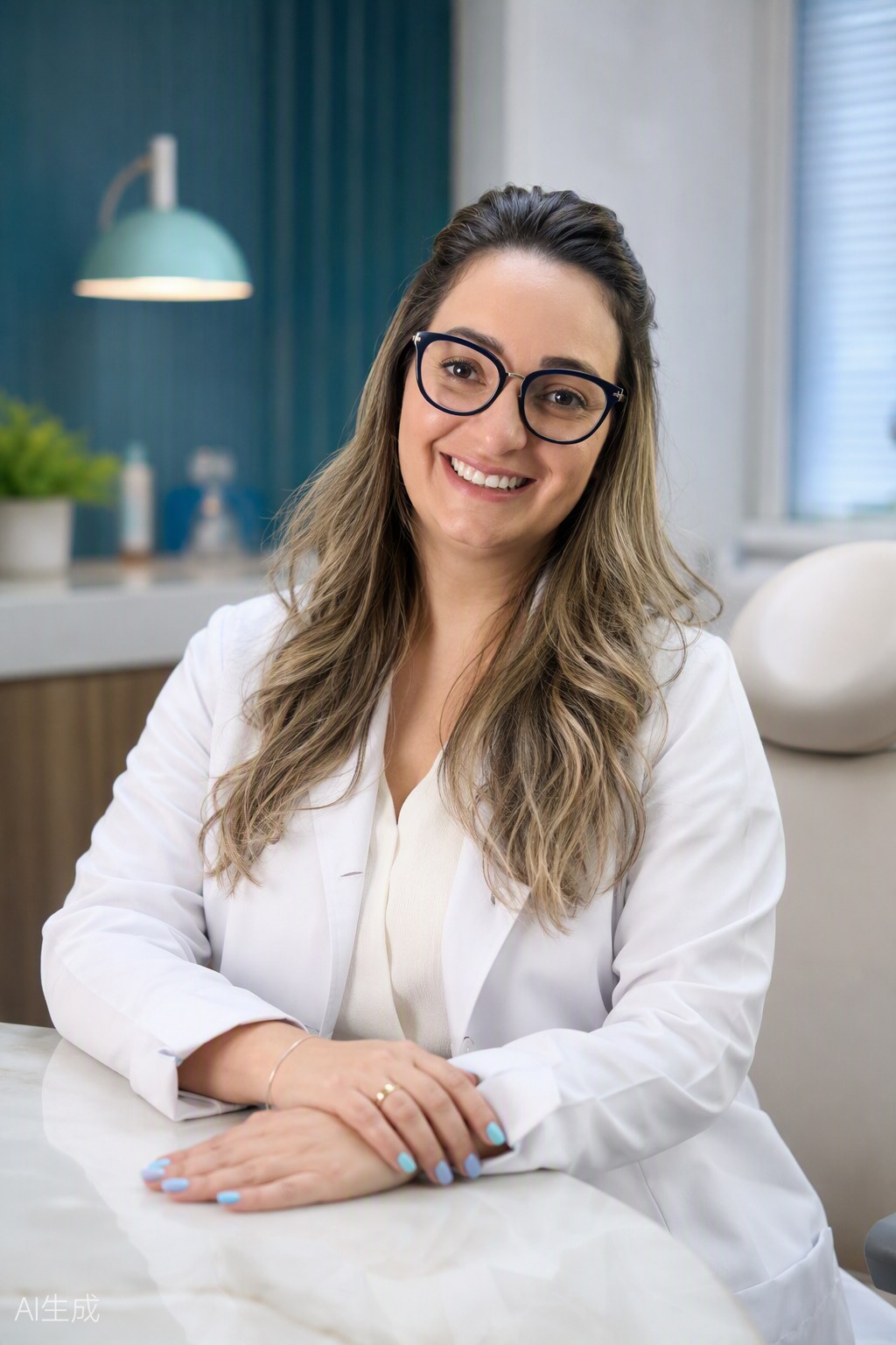 Retrato da Dra. Andréia Castro sentada à mesa do consultório