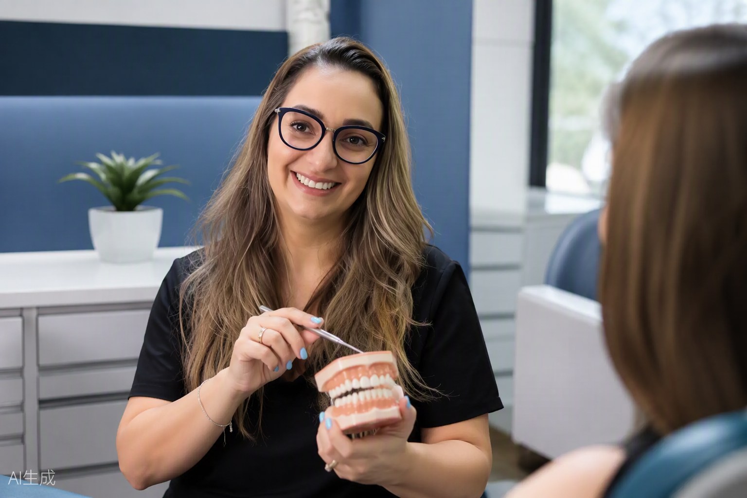 Dra. Andréia Castro explicando com modelo odontológico de arcada dentária
