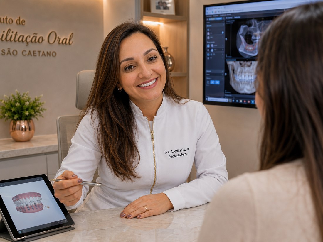 Dra. Andréia Castro em consulta sobre evolução do tratamento periodontal