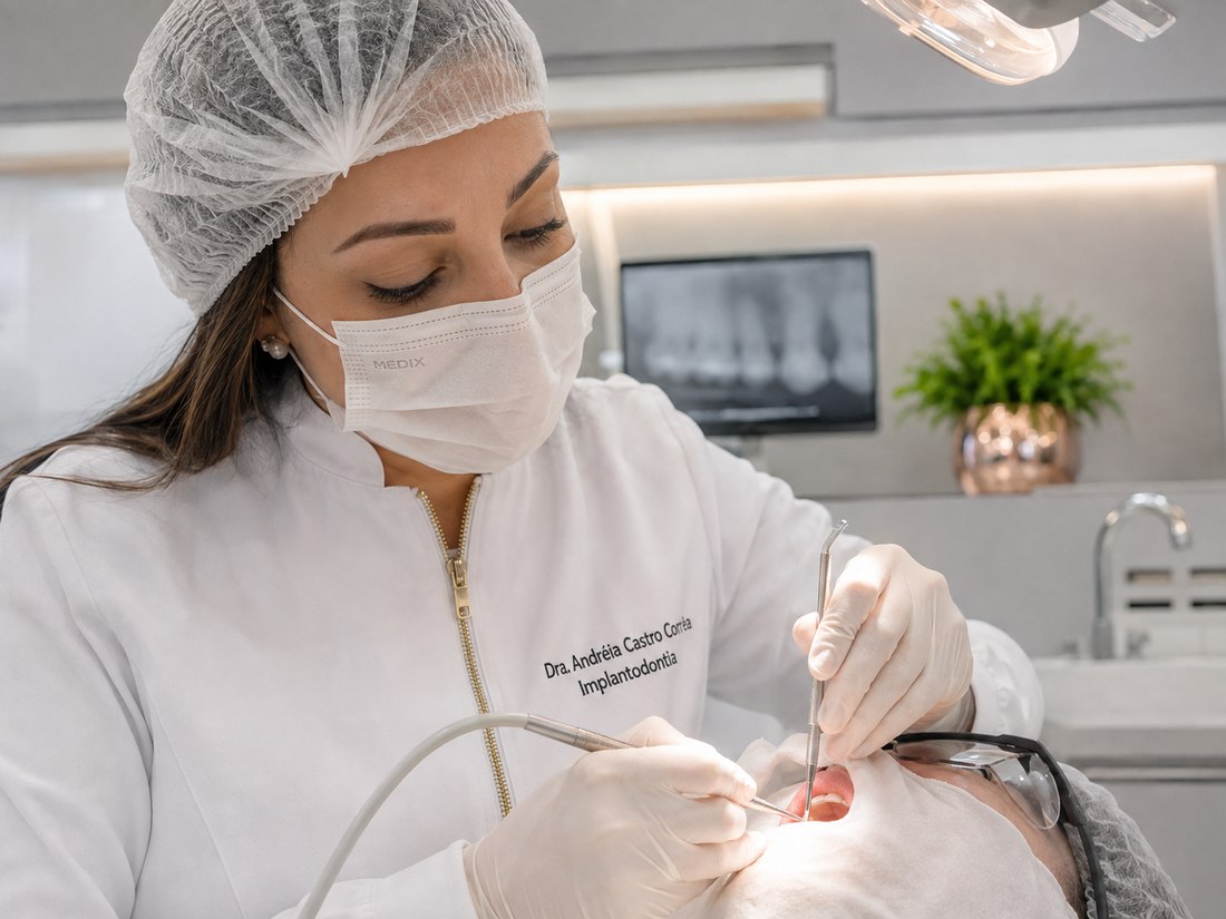 Dra. Andréia Castro em procedimento de avaliação periodontal