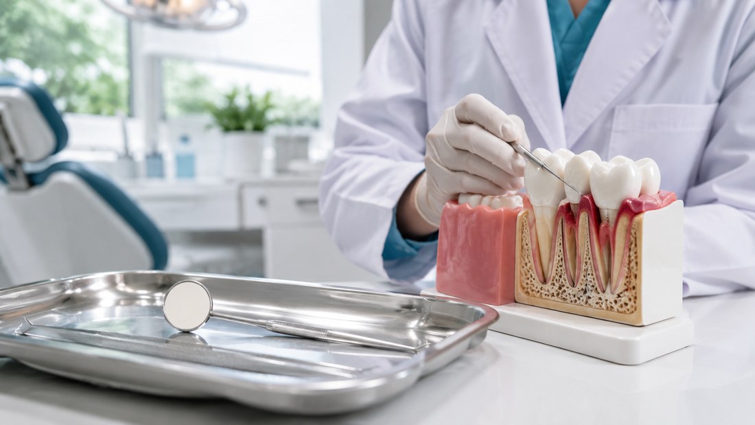 Dentista segurando sonda periodontal sobre modelo anatômico de gengiva e dentes, com bandeja de instrumentos ao lado