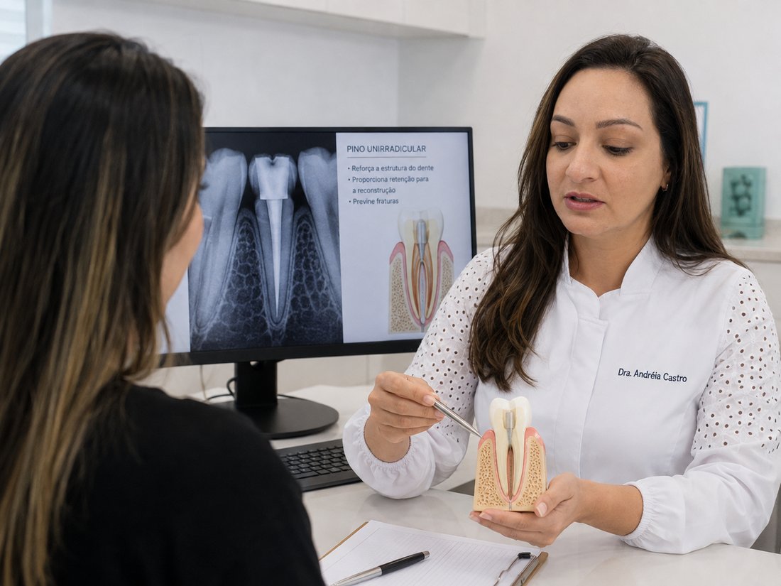 Dra. Andréia Castro explicando o reforço de pino intrarradicular com radiografia e modelo didático