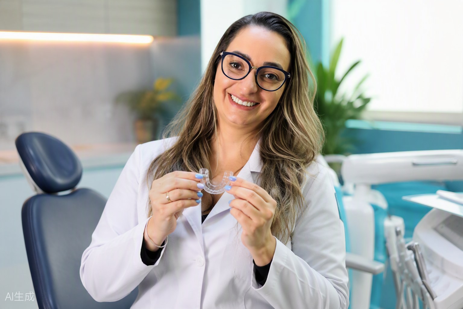 Dra. Andréia Castro segurando uma placa miorrelaxante transparente