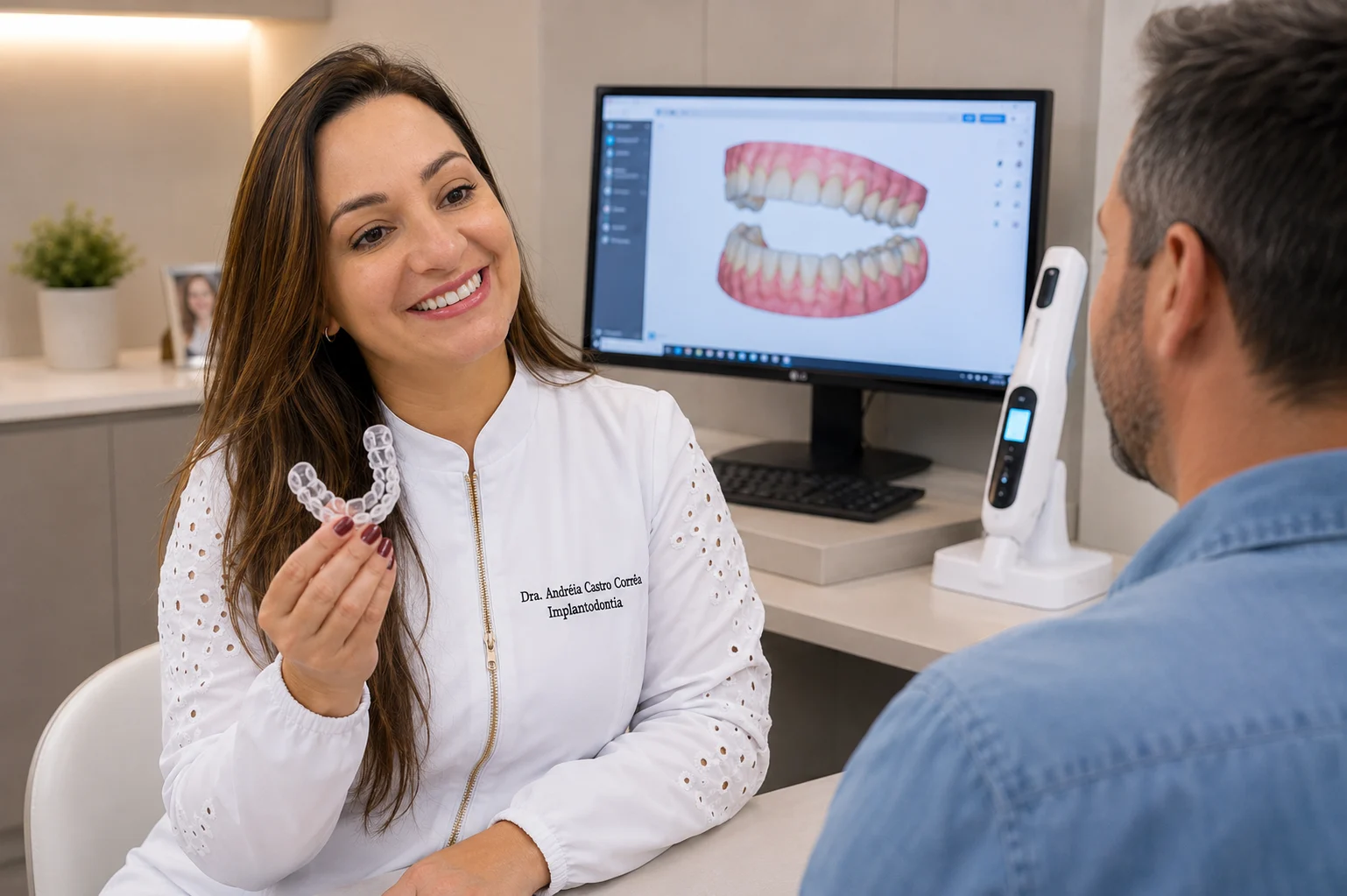 Dra. Andréia Castro segurando uma placa antirronco transparente ao lado do escaneamento intraoral 3D exibido no monitor