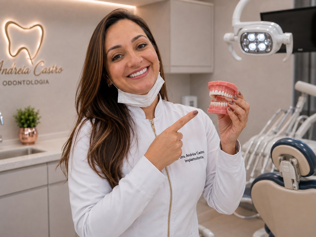Dra. Andréia Castro com modelo de dentes explicando tratamento gengival
