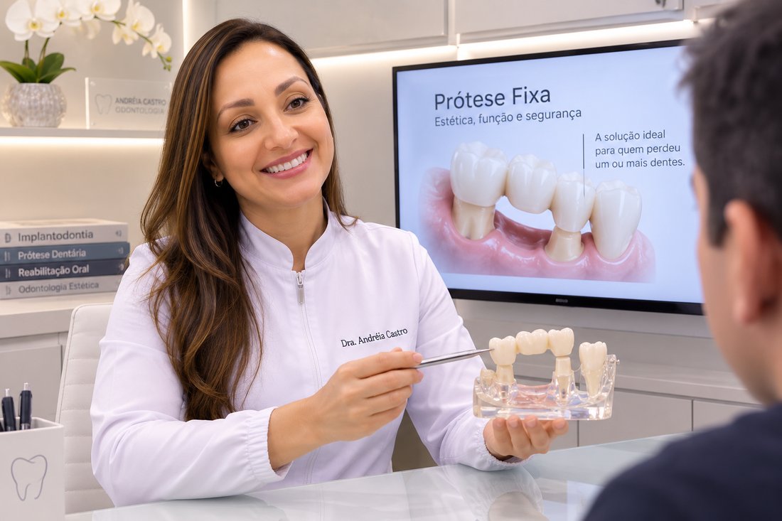 Dra. Andréia Castro apresentando modelo de prótese fixa (ponte) sobre dentes naturais