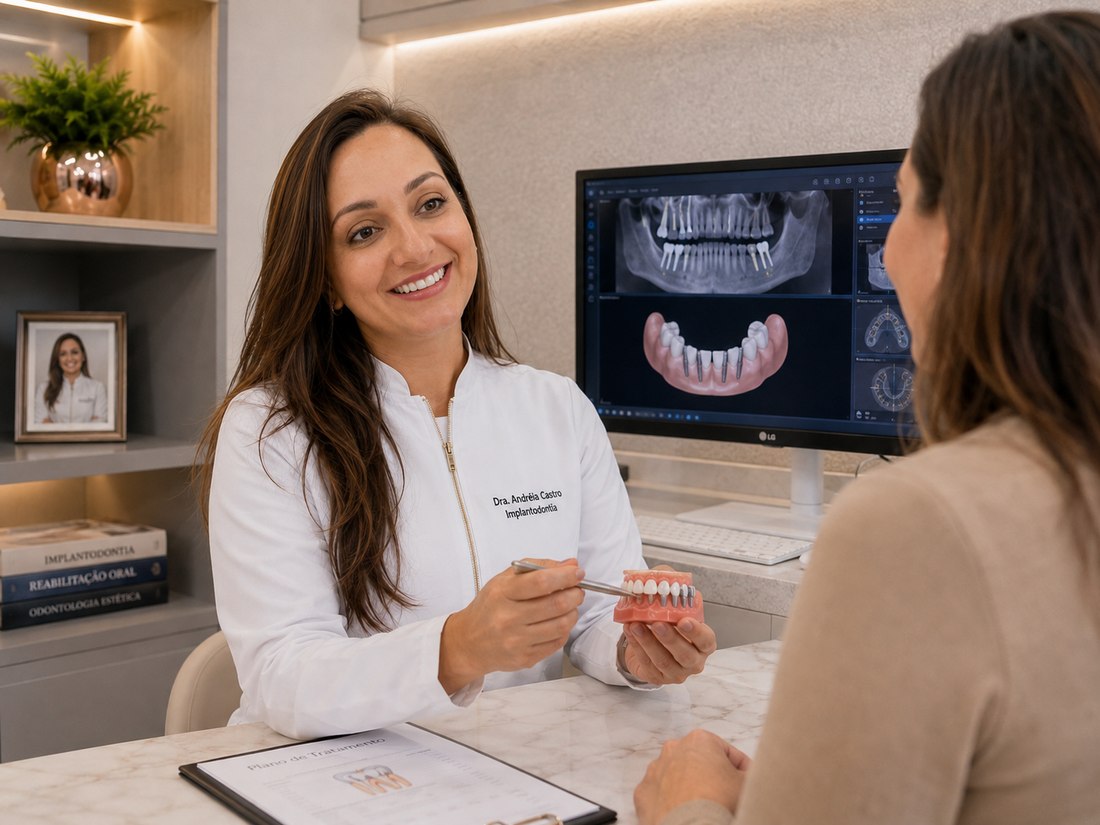 Dra. Andréia Castro em consulta de avaliação de implante dentário