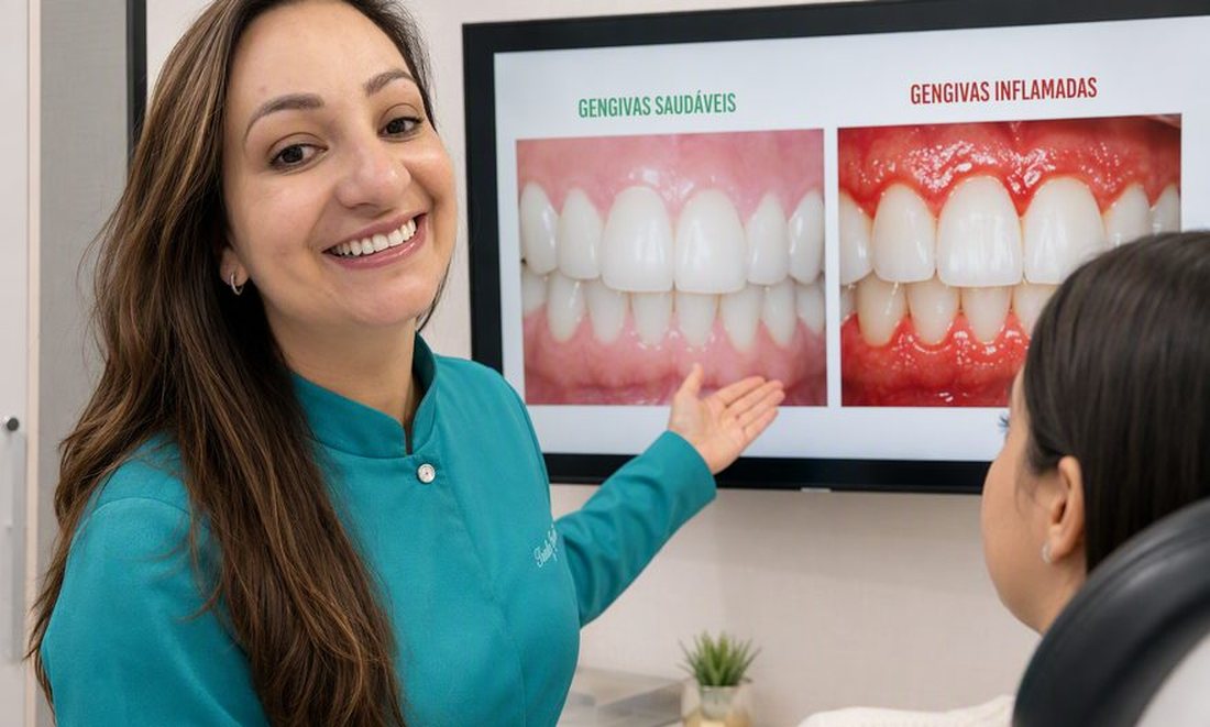 Dra. Andréia Castro mostrando na tela a comparação entre gengiva saudável e gengiva inflamada