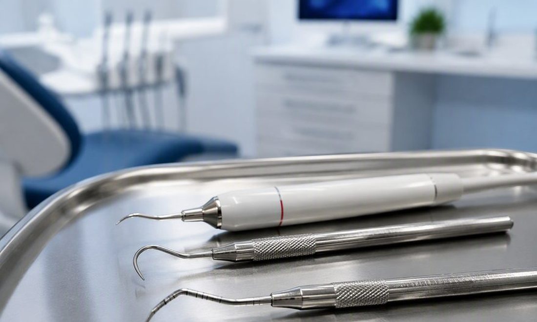 Instrumental de raspagem periodontal: ultrassom, cureta e sonda em bancada clínica
