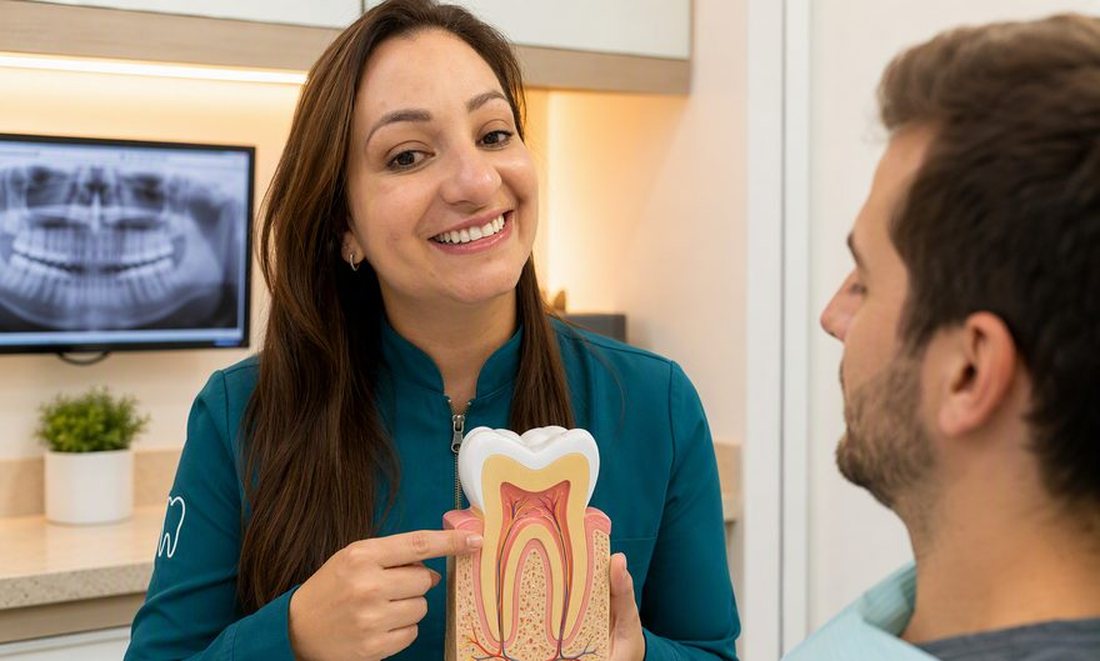 Dra. Andréia Castro explicando o retratamento de canal com modelo anatômico de molar em corte