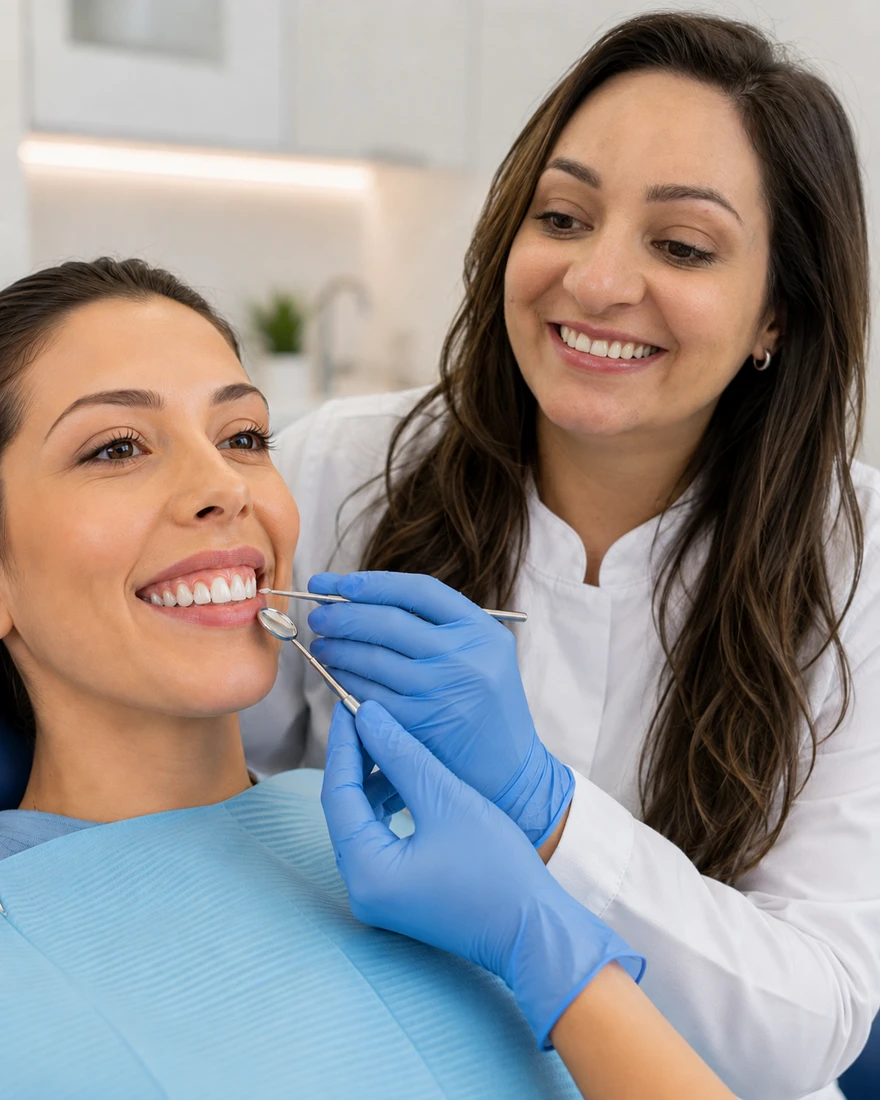 Dra. Andréia Castro avaliando o sorriso da paciente durante consulta de gengivoplastia