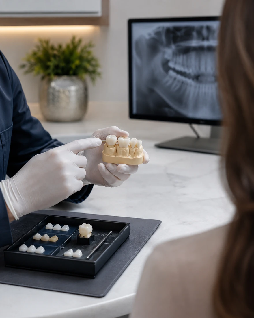 Dra. Andréia Castro mostrando modelo de restaurações dentárias com radiografia panorâmica ao fundo