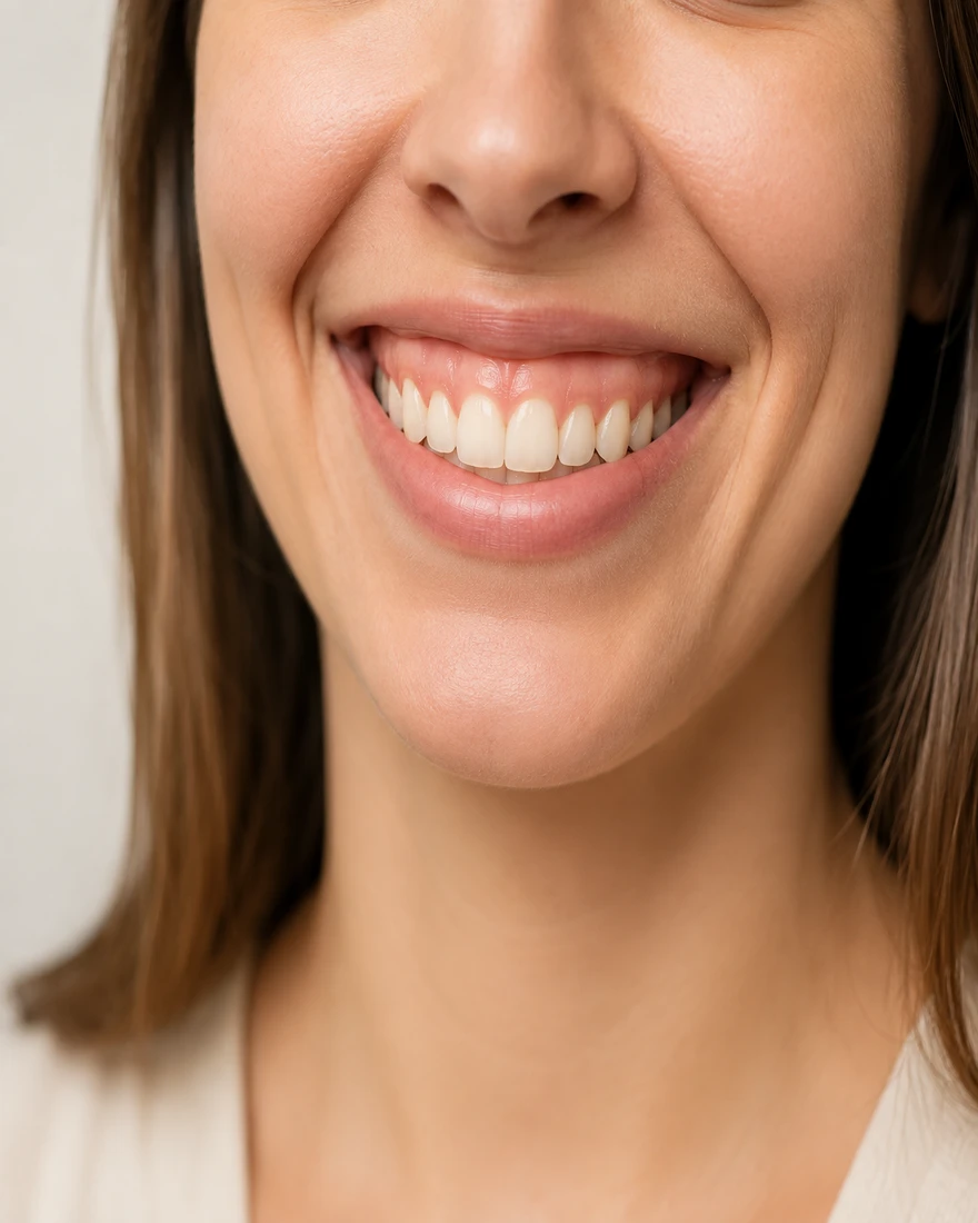 Sorriso após tratamento de sorriso gengival, proporção natural entre dente e gengiva