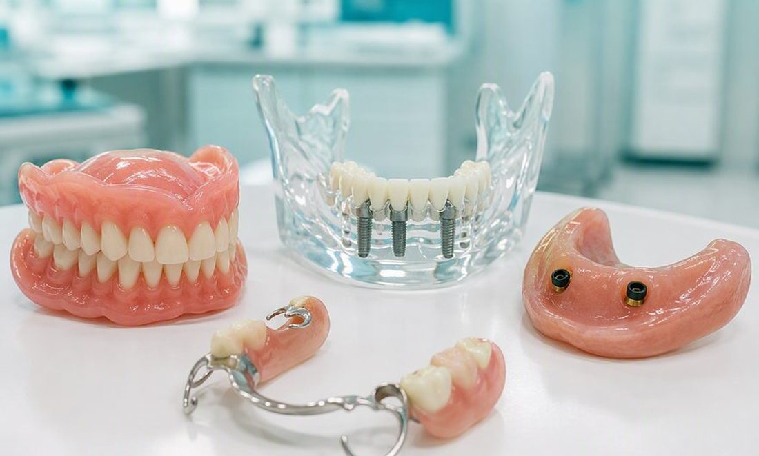 Diferentes tipos de próteses dentárias: dentadura total, prótese parcial removível, prótese fixa sobre implantes e overdenture