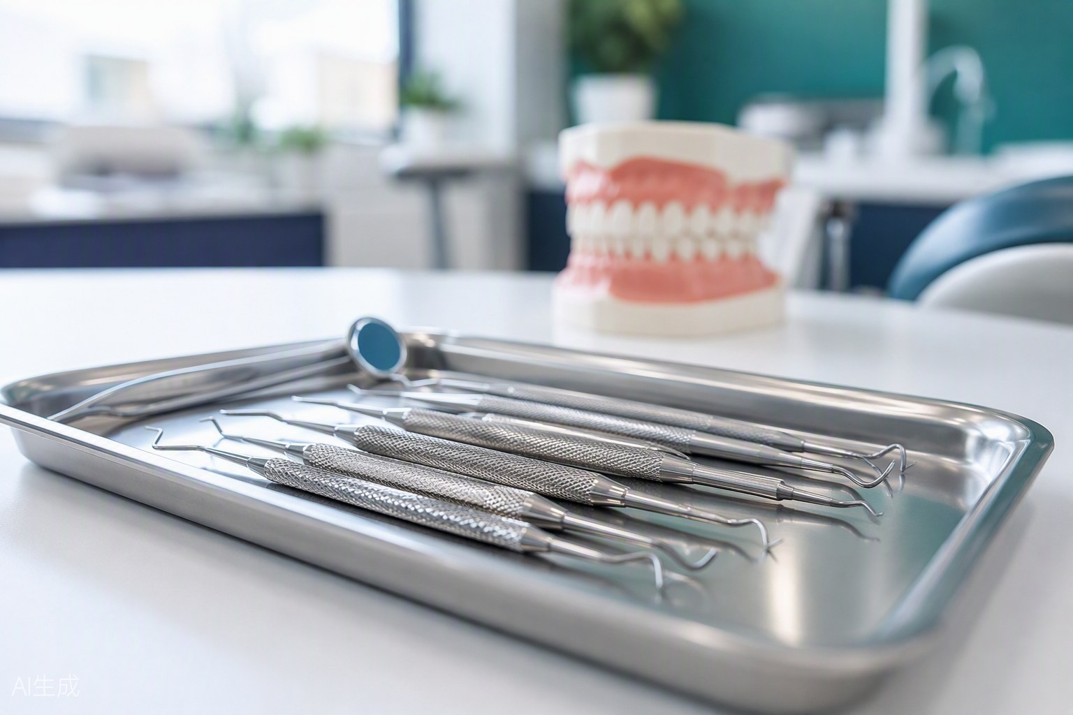 Instrumental de periodontia organizado em bandeja de aço inox