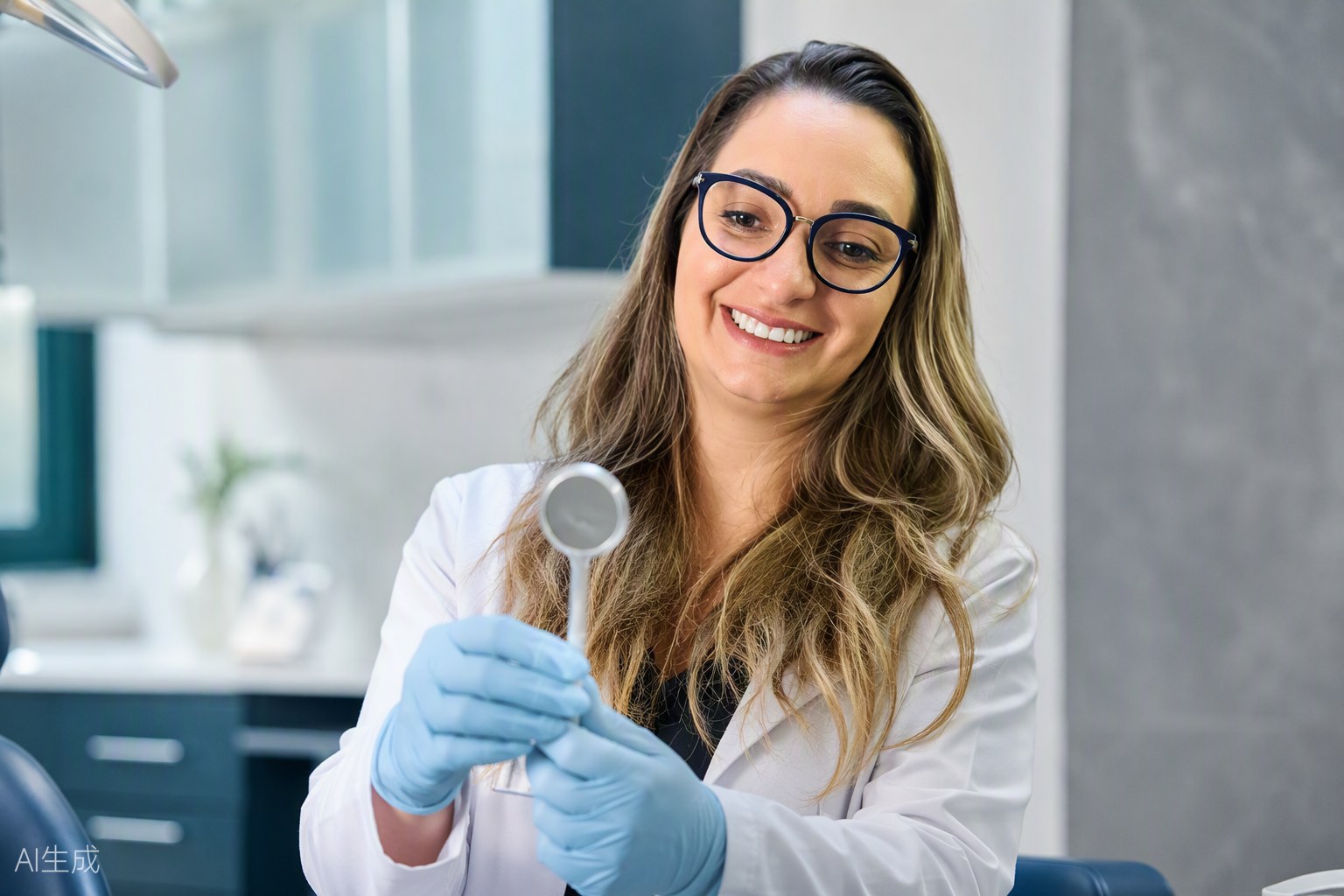 Dra. Andréia Castro com luvas de procedimento segurando espelho intraoral