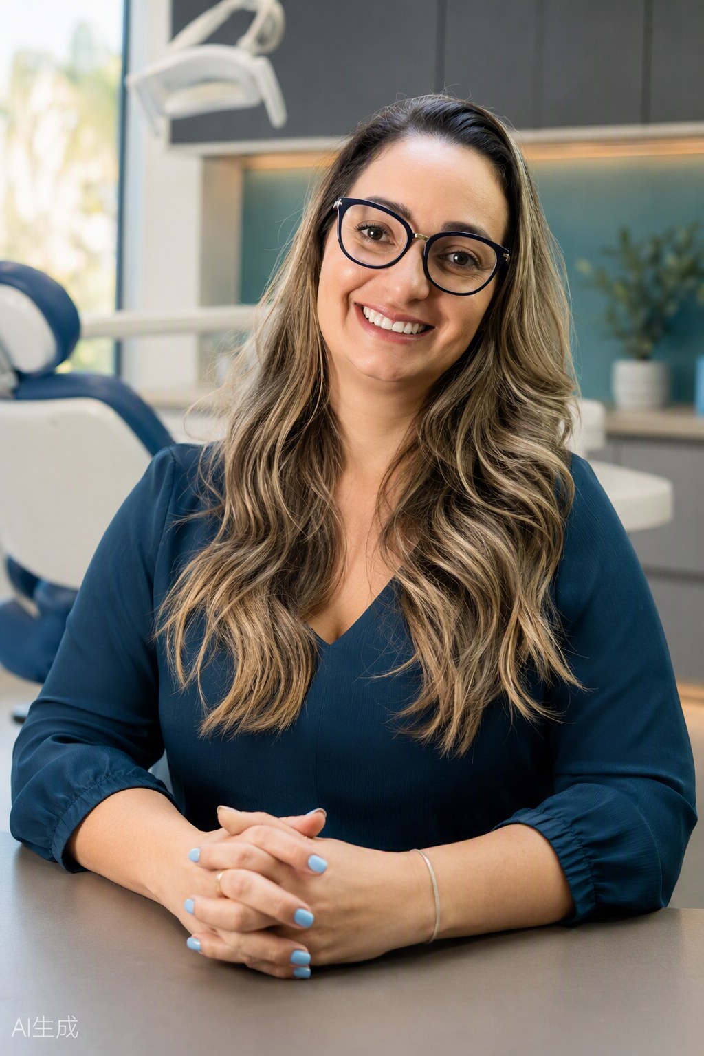 Retrato da Dra. Andréia Castro sentada à mesa do consultório