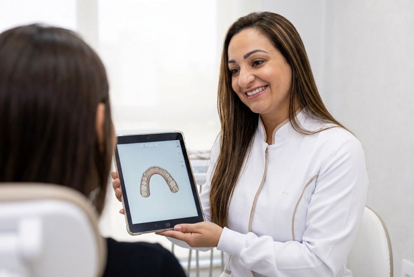 Dra. Andréia Castro mostrando o modelo digital da arcada ao paciente
