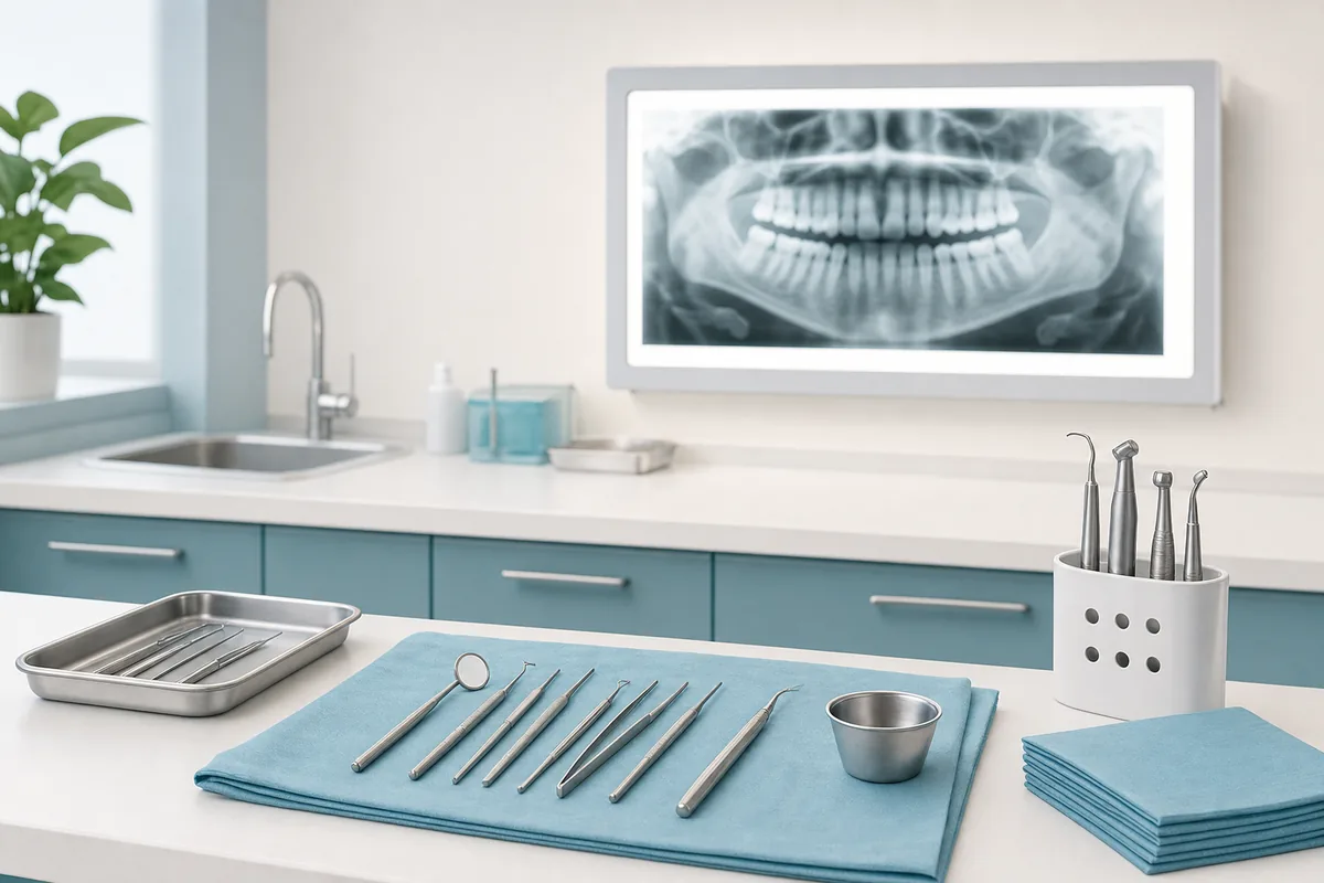 bancada de consultório odontológico organizada com instrumental cirúrgico estéril e negatoscópio com radiografia panorâmica ao fundo, sem pessoas