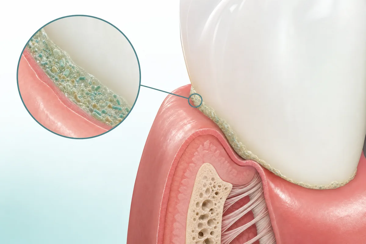 ilustração em sequência mostrando as fases do acúmulo de biofilme na margem da gengiva até a formação de tártaro endurecido no colo do dente
