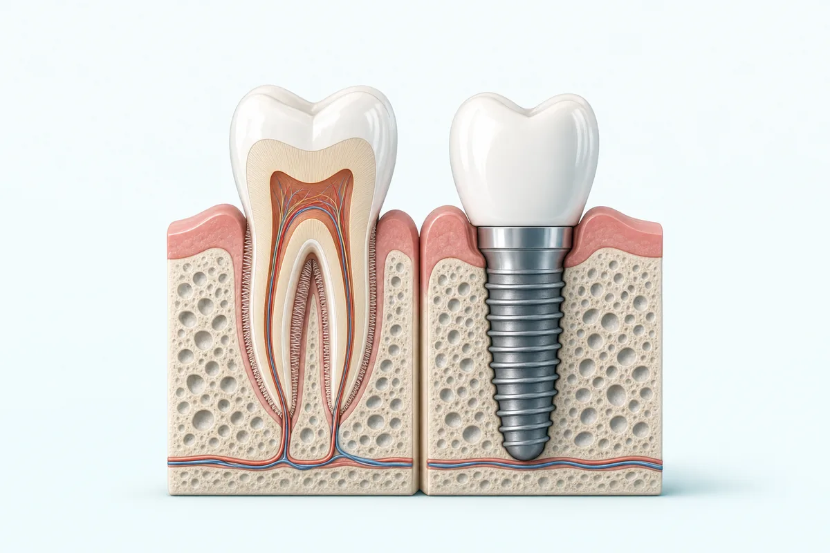 ilustração comparativa em corte mostrando dente natural com ligamento periodontal e receptores sensoriais ao lado de implante osseointegrado em contato direto com o osso